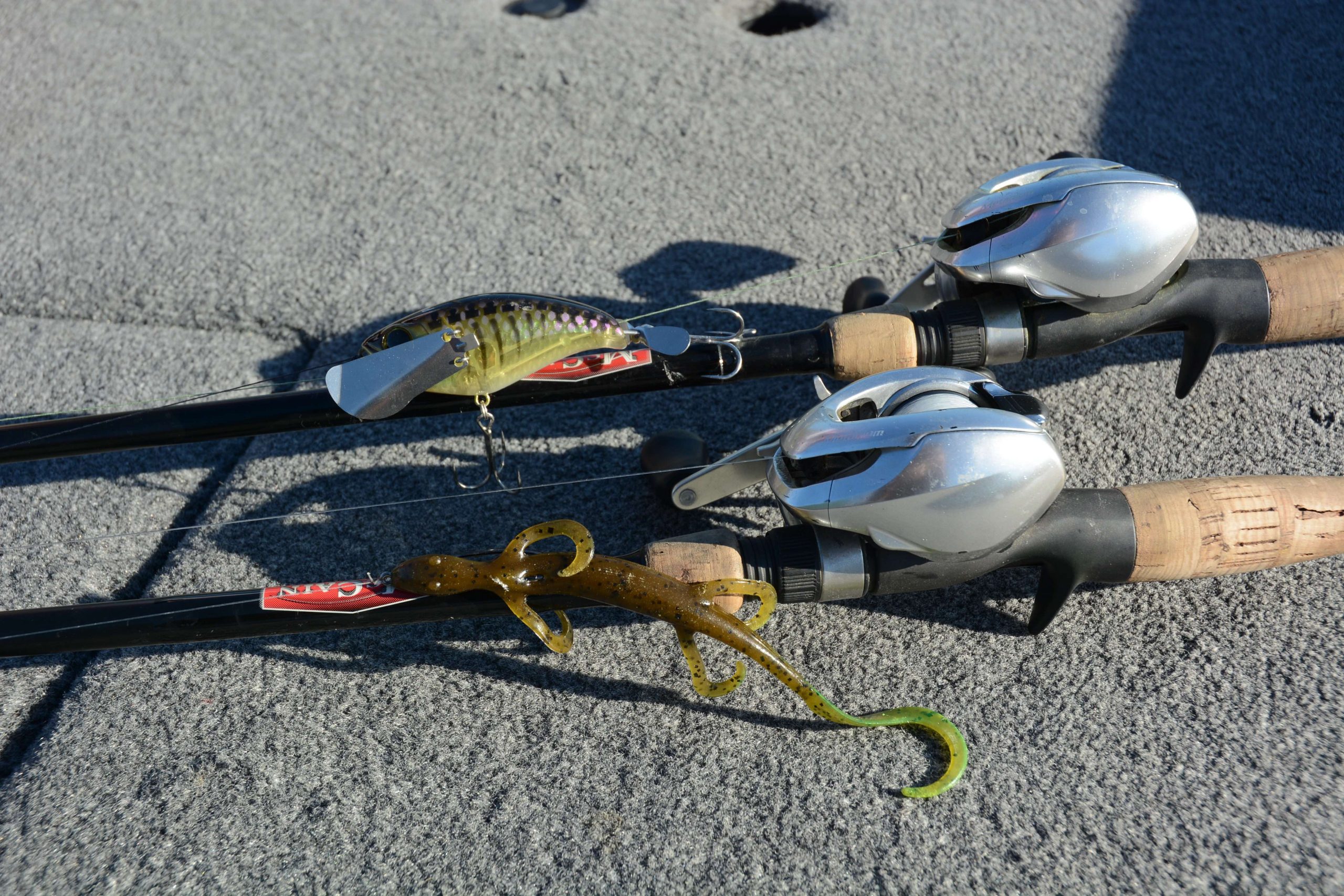 A 3-inch Jackall Pompadour was a key choice. The lure is fitted with metal wings that collapse on the cast and then flare out upon hitting the water. The wings create splash that complement dual rattle chambers. He also Carolina rigged a lizard with a 4/0 Owner Rig âN Bass Hook and 3/4-ounce weight. 
