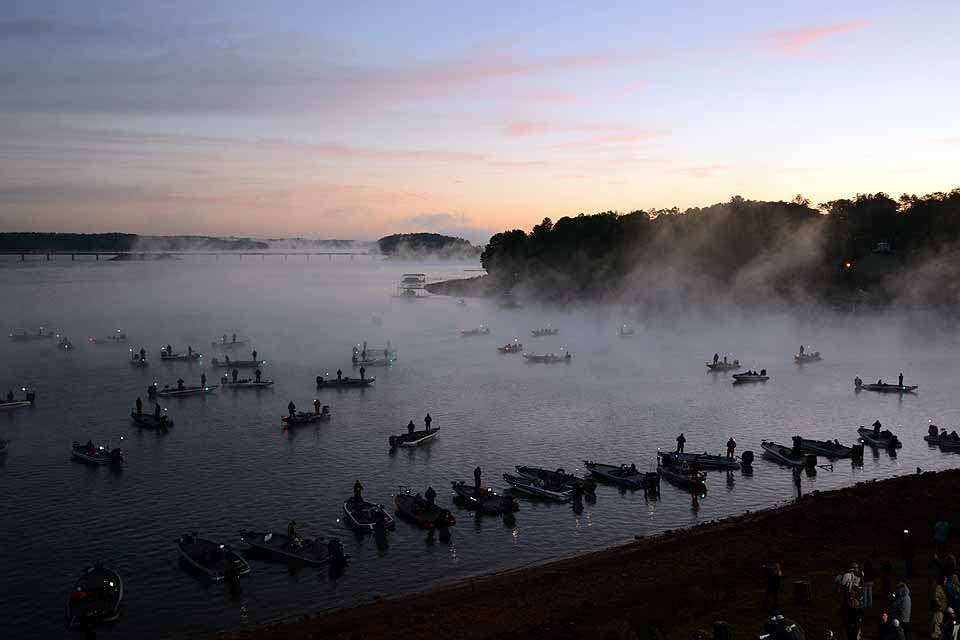 All 61 boats are launched and ready for the 7:30 a.m. EDT start time on Lake Hartwell. 