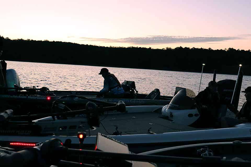 The official takeoff time of 6:30 a.m. CDT is nearing. All of the Top 12 boats are docked at Smith Lake Dam recreation area. 


