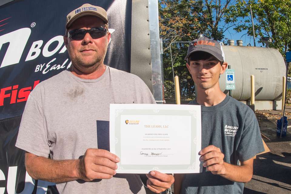 Corey Skaggs fished the first two Bradley Roy High School Opens.  Now a student at the University of Louisville, he works with a company called The Leash.  He awarded a certificate for the safety device to the winning team boat captain.