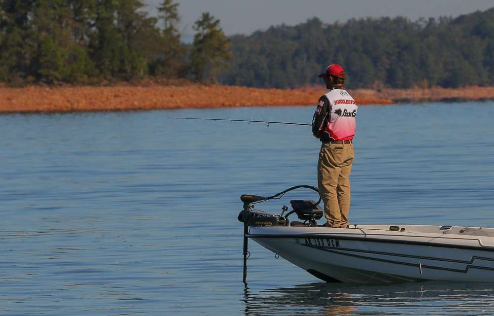 Trey Huddleson searches for the perfect spot on Lake Hartwell. 