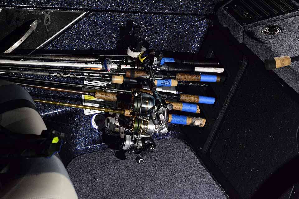 A co-anglerâs rods tell the story of the day. Using a wide variety of lures will be required to catch bass on Lake Hartwell. 