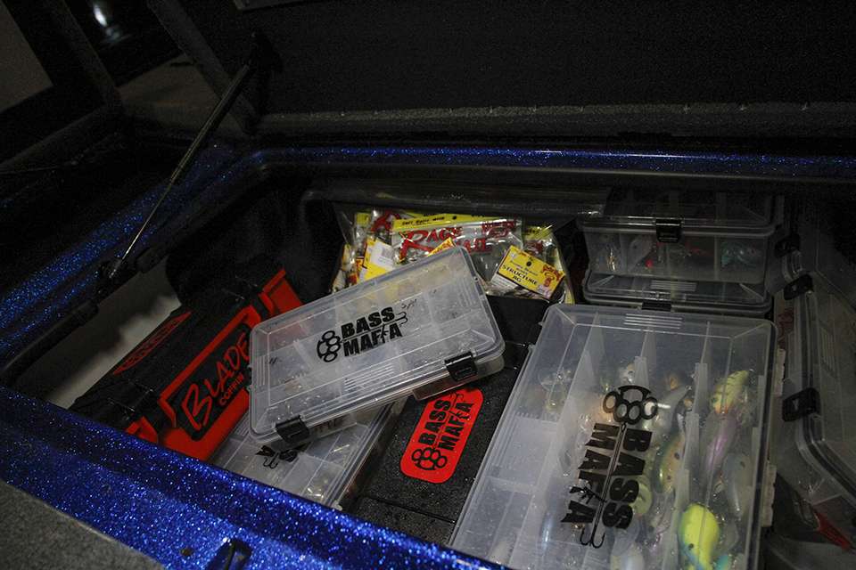 He shoved some extra Bass Mafia storage boxes in his rod locker in hopes of keeping his equipment as dry as possible.
