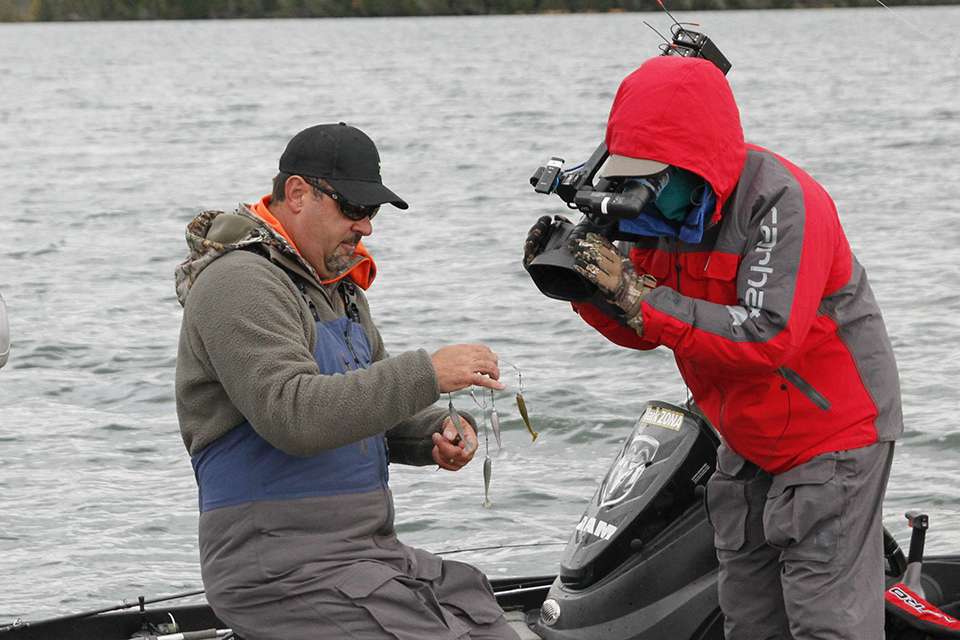 Zona takes a moment to explain how he rigs his Strike King Titanium Umbrella Rig with 3.75-inch Rage Swimmers.