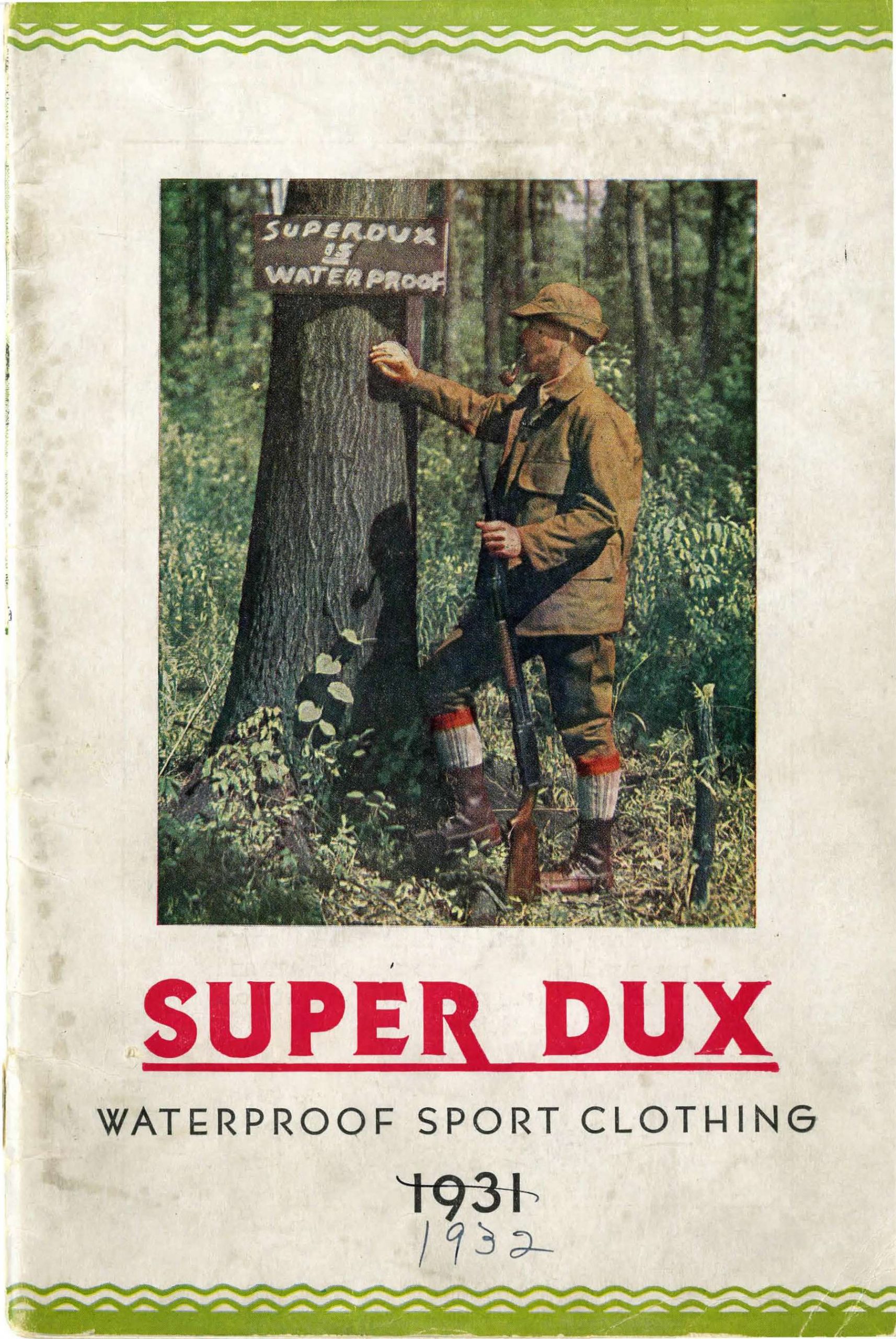 <b>1930-1932:</b> Carhartt looked to expand the brand to new customers, introducing the Super Dux and Super Fab product lines for outdoor sportsmen. The key selling point for these garments was their waterproof properties.

