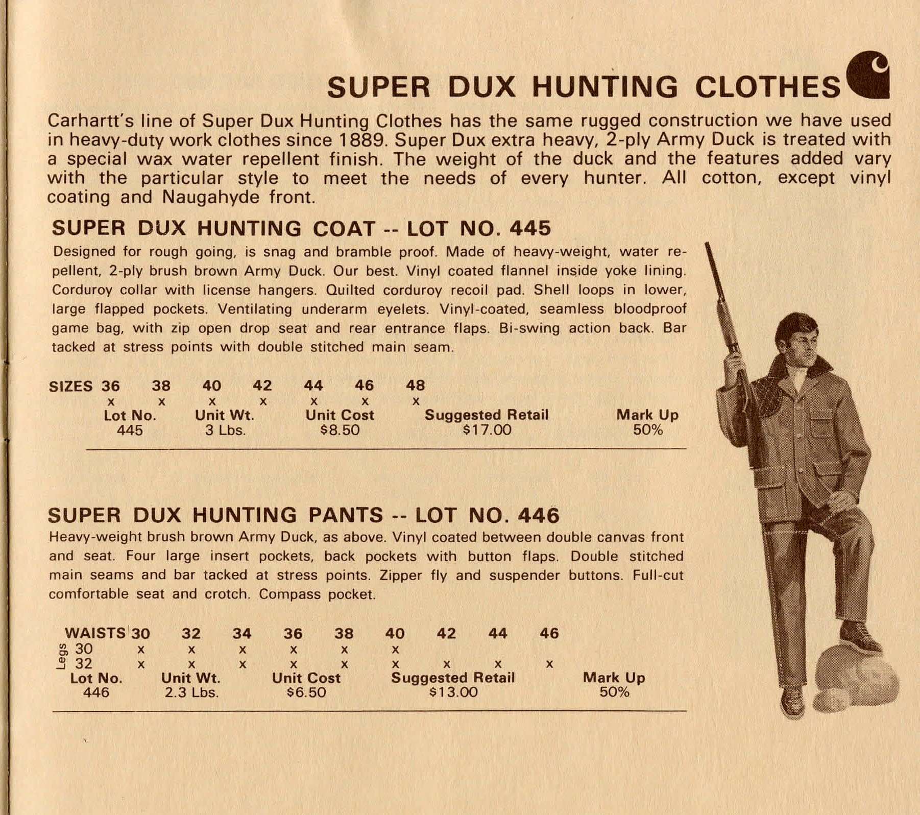 <b>1971-1973:</b> After another pause, Carhartt Super Dux returns. This time, the line includes heavy-weight garments (coat, pants, and brush pants with a naugahyde front), medium-weight garments (coat and pants), and two different vest options (both with attached game bags).
