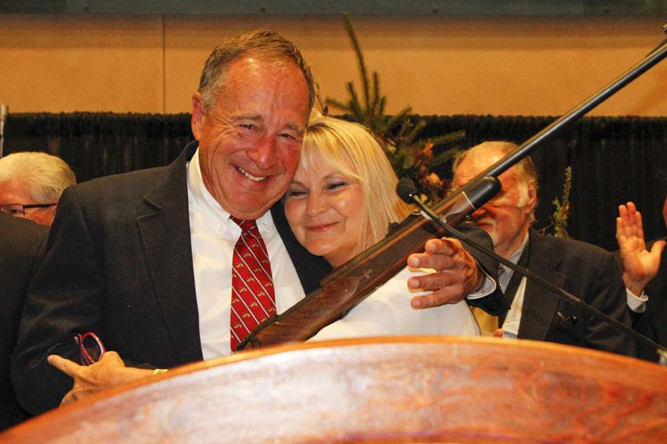 But then presented Johnny Morris a rifle that is dedicated to Ray Murski's life. 72 were created, one for each year of his life, and one was presented to Morris.