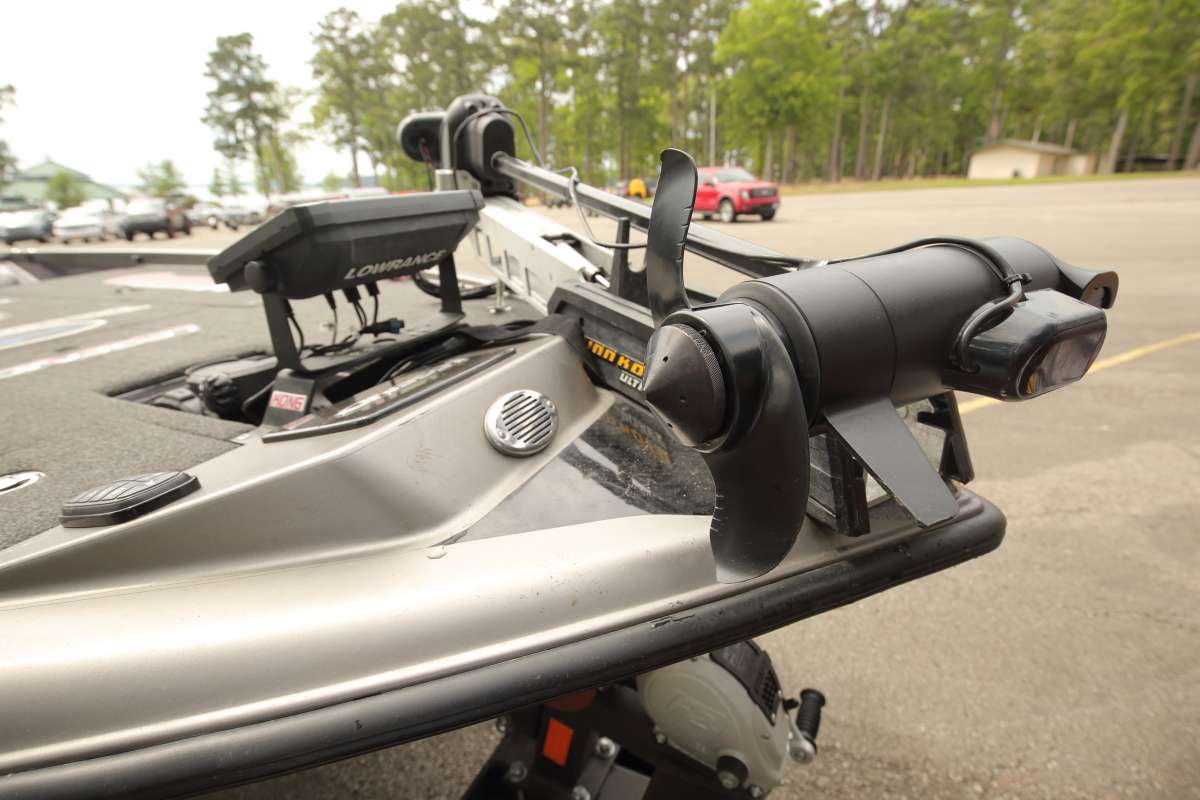 A trolling motor for quiet navigation calls the front of the boat home.