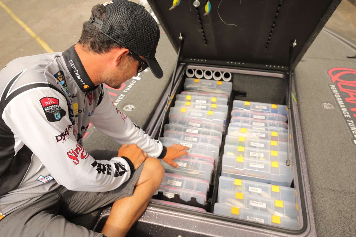 In the boat's large center box, Lee stores 20 to 25 different Plano tackleboxes.