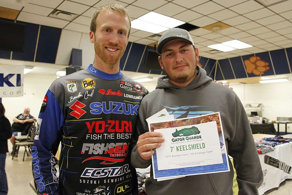 They begin giving away prizes and this angler won a Gator Guard Keel Shield to protect his boat.