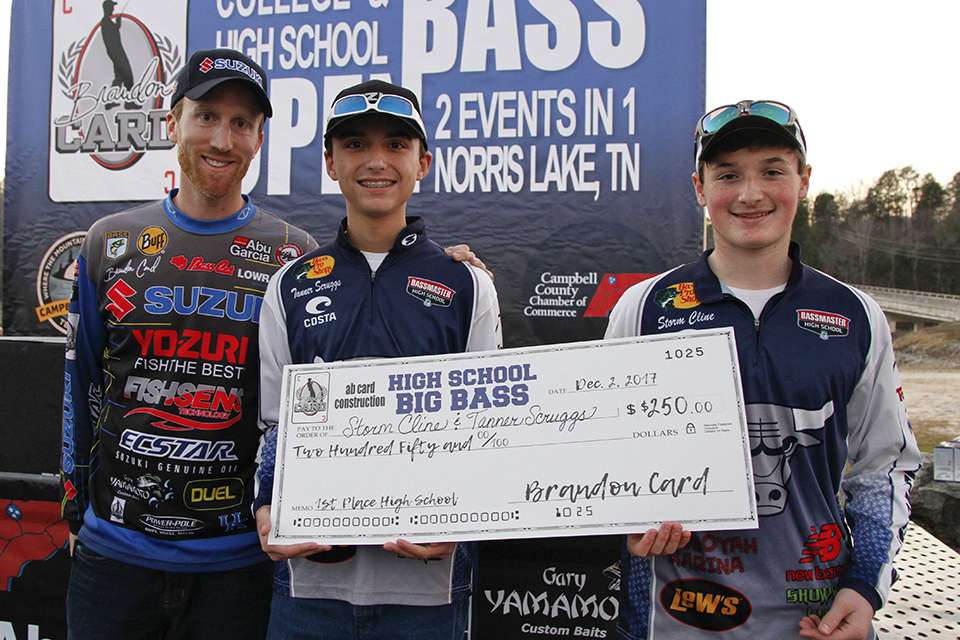 Time to award the money. Cline and Scruggs win the High School Big Bass prize.