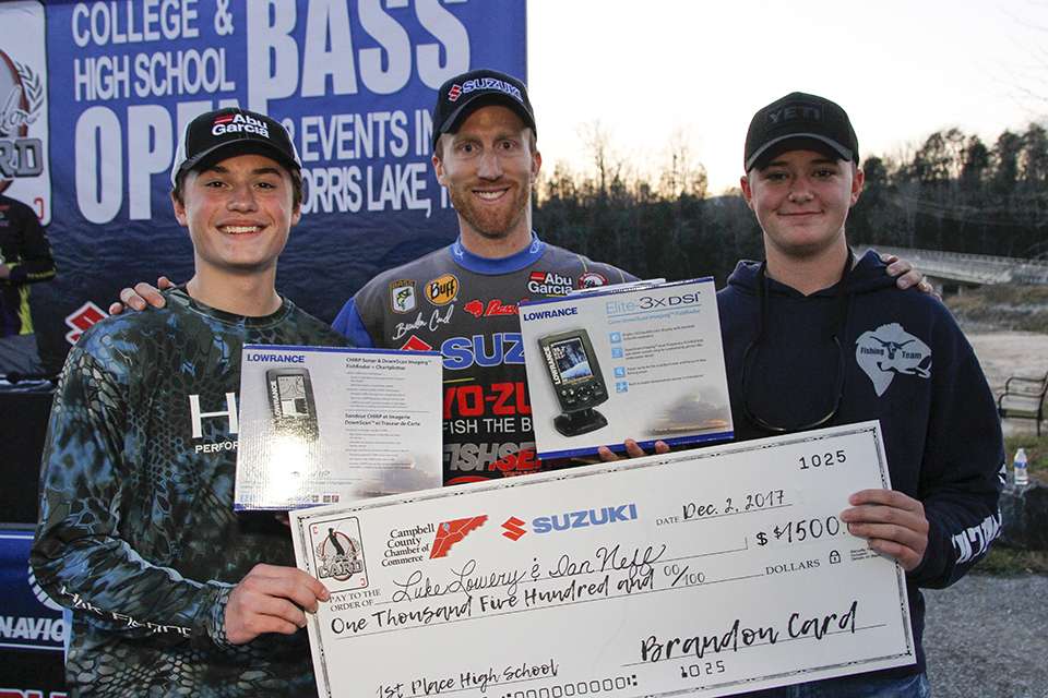 The high school winners Lowery and Neff took home $1,500 and Lowrance units.