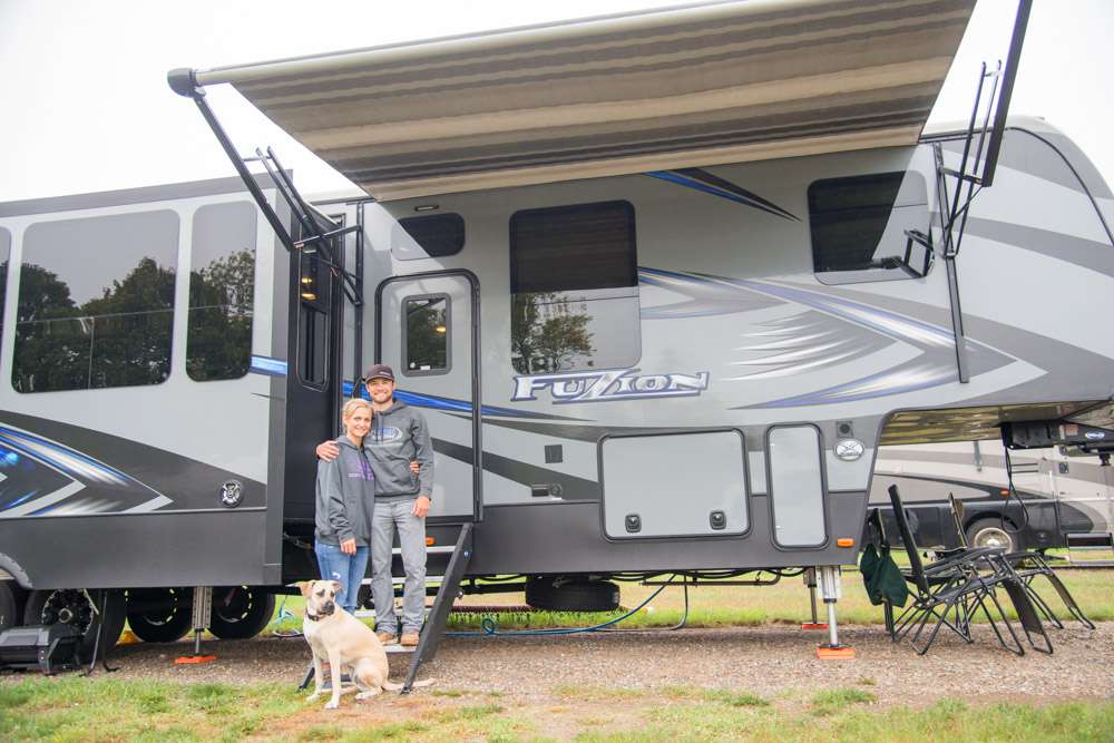 Brandon Palaniuk and Tiffanie McCall bring home on the road with this Keystone Fuzion 4221 Toyhauler. The fifth-wheel model has three slide-outs, with two full bathrooms and bedrooms. All the comforts from Idaho are here, including their dog, Bella. 
<p>
<em>All captions: Craig Lamb</em>
