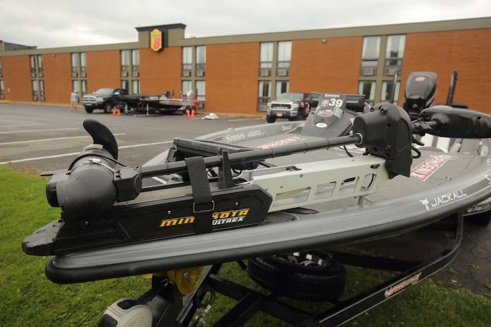 The boat is equipped with a Minn Kota Ultrex trolling motor for maneuvering during the typical tournament day.