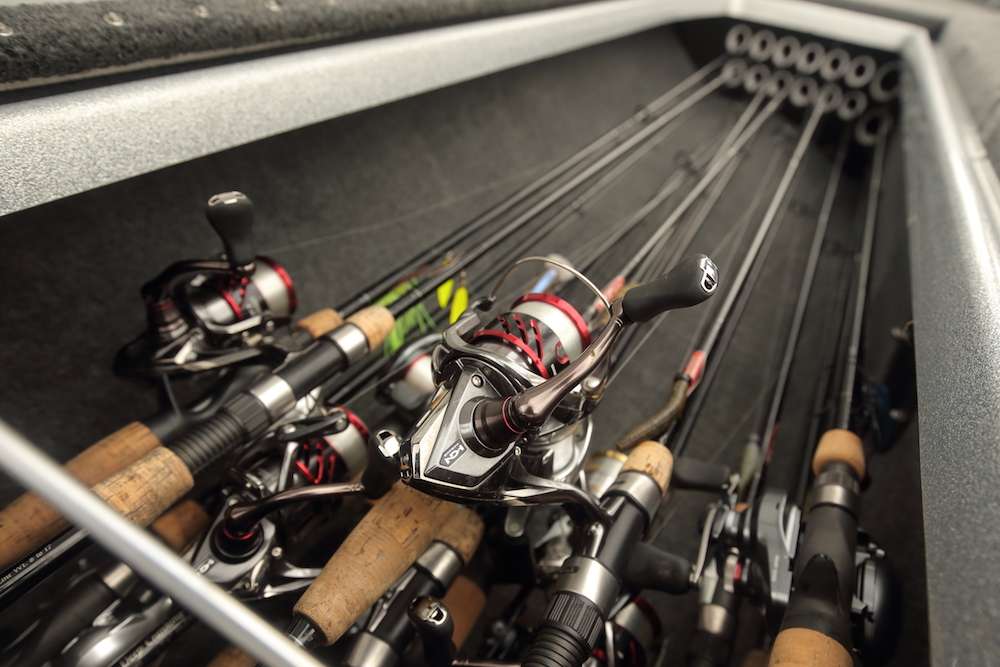 Elam notes that he usually carries around 20 rod and reel combos in his rod locker during the typical tournament. 