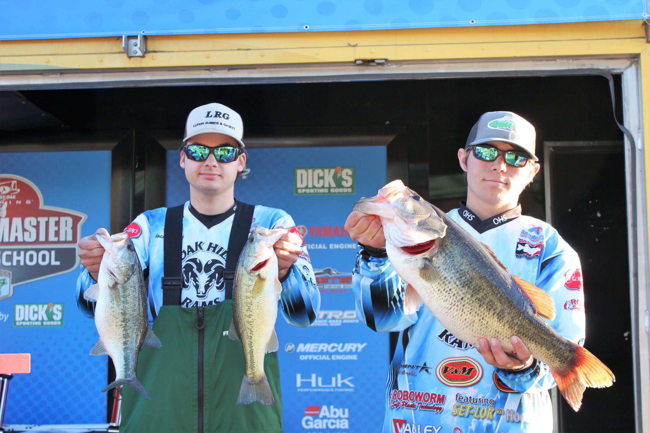 Colby Miller and Jaden Cedars of Oak Hill (LA) High finished sixth with a 16-8 total. The majority of that weight came on the 9 pound, 3 ounce bucket mouth seen here. It won the Big Bass Award for the tournament. 