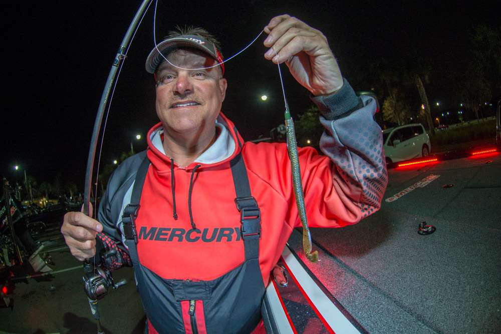 <b>Freddy Palmer</b><br>
Freddy Palmer finished seventh using this simple setup. The choice was a 7-inch Zoom Magnum Ultravibe Speed worm. He rigged that to 4/0 Gamakatsu SuperLine Offset EWG Hook with 3/16-ounce tungsten Wicked Weights. 
