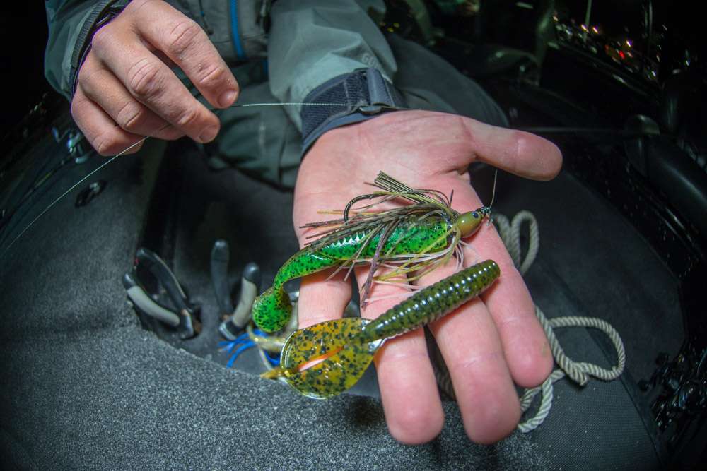 For cloudy and windy conditions he chose a Reaction Innovations Skinny Dipper. A Strike King Menace Grub worked best for sunny, bright conditions. âThe grub made the bait fall deeper into the grass when the bass escaped the sunlight.â 
