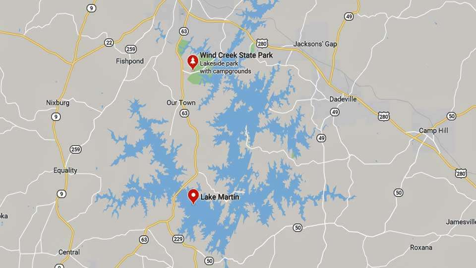 Lake Martin, less than an hour northeast of Montgomery, is a 44,000-acre reservoir created by the damming of the Tallapoosa River. It has 750 miles of shoreline, much of it wooded, but there are several cities and a number of waterfront housing developments on the lake. 