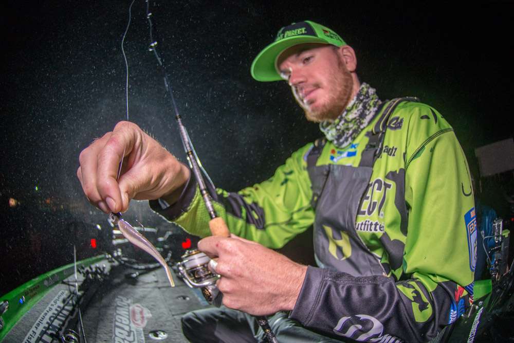 He used jig head weights of 1/4 or 1/2 ounce for reaching spots at 35-45 feet with the Damiki rig. A 3-inch Berkley Gulp! Minnow, Smelt, completed the rig. 