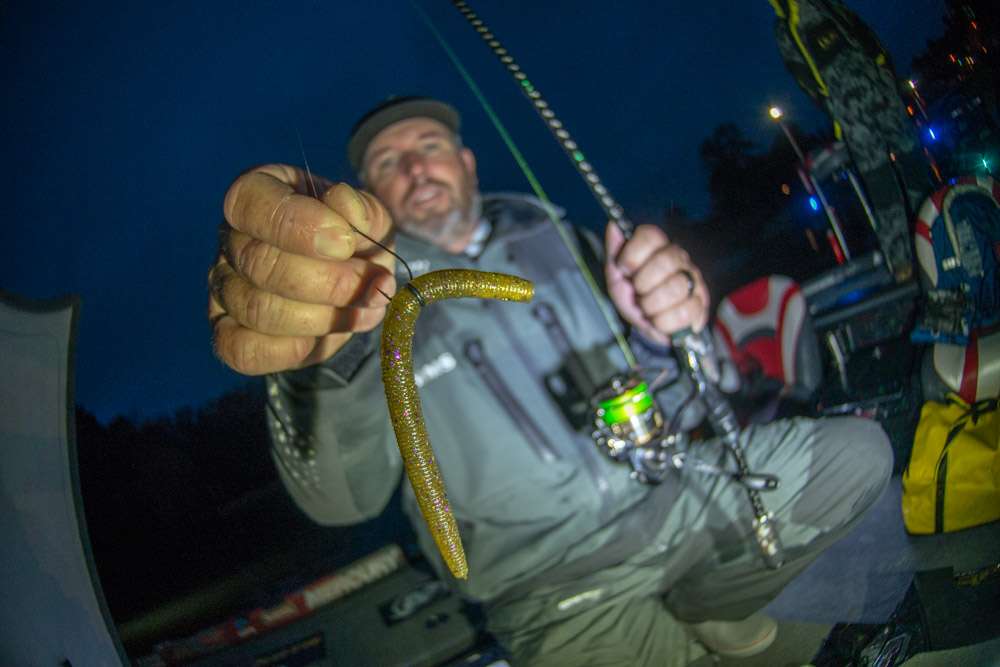 <b>Brett Hite</b><br>
To finish 11th Brett Hite used Texas rigged drop shot and Neko rigs. He made that with a 5-inch Yamamoto Senko, No. 2 VMC Ike Approved Neko Hook and 3/32-ounce nail weight. A 1/0 Roboworm Rebarb Hook, 6-inch Roboworm and 1/4-ounce tungsten weight completed the drop shot rig. 