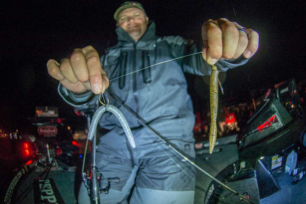 <b>Luke Clausen</b><br>
To finish fifth Luke Clausen used a wacky rig and shaky head. He made it with a 5-inch Z-Man Zinkerz and 1/4-ounce Z-Man Shakey Headz. Clausen used a 3/32-ounce nail weight and 1/0 Owner Weedless Wacky Hook with soft stick bait for the wacky rig. 
