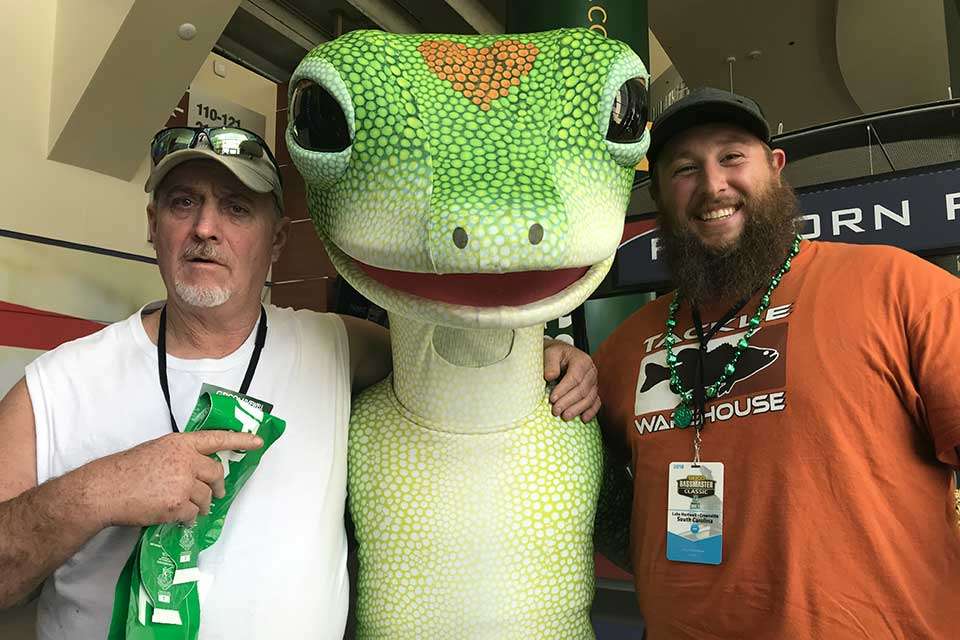 The GEICO Gecko is a popular photo get for many visitors, like these guys from West Virginia, even though they agreed a 27/0 hook through its back might elicit a topwater bite from a great white.