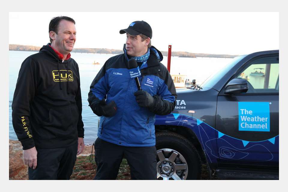 Kevin VanDam is interviewed by Mike Bettis of the Weather Channel, which reported from Green Pond during the 2015 Classic. VanDam failed to qualify to compete in 2015, ending his 24-year streak. He was relegated to expert analyst for news media, as well as on the newest feature, Bassmaster LIVE.
 