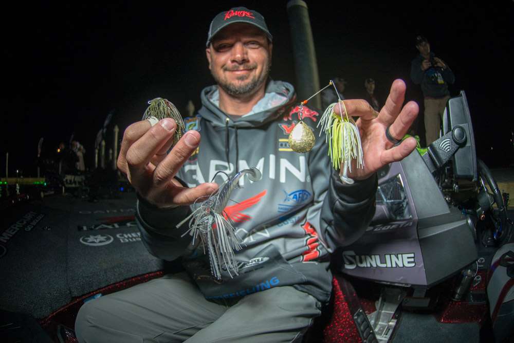 A 1/2-ounce BOOYAH Jig with 2.75-inch Yum Craw Papi was a top producer. A 1/2-ounce double willowleaf blade BOOYAH Baits prototype spinnerbait of his design was another choice. So was a 1/2-ounce BOOYAH Melee bladed jig with 4.5-inch Yum Pulse Swimbait. He also used a 1/2-ounce bladed jig with 4.5-inch Yum Pulse Swimbait.
