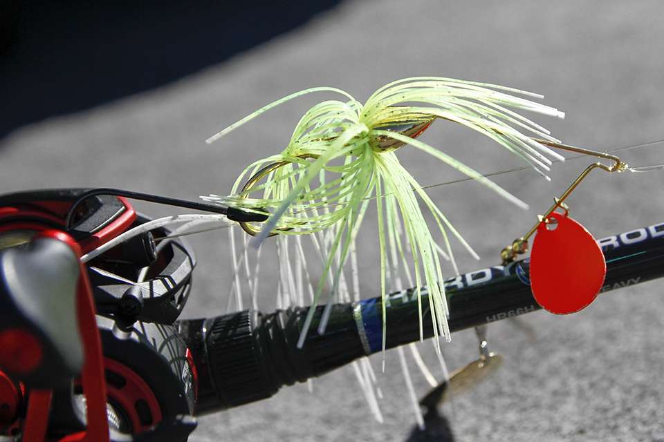 He chose a 3/8-ounce War Eagle Spinnerbait with No. 6 gold willowleaf blade and red Colorado âkickerâ blade.  