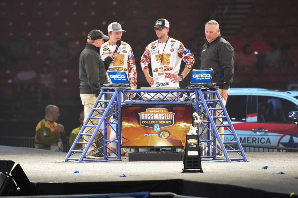 College anglers weighed in Sunday on the GEICO Bassmaster Classic presented by DICK'S Sporting Goods stage. First up was Justin Grigg and Brett Blackwood from Winthrop University (3rd, 9-15)