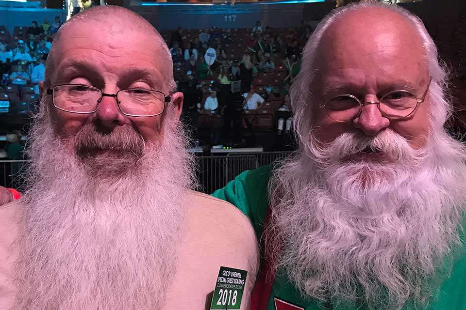 The Sooch is obsessed with finding the best beard or most magnificent mustache at the Classic, and ran into a couple dandies here in the GEICO seats near the stage. Kevin Wilder of Kalamazoo, Mich., and Jim Bethurem of Brighton, Mo., aka Santa Jim, pose as the Team Beard winners.