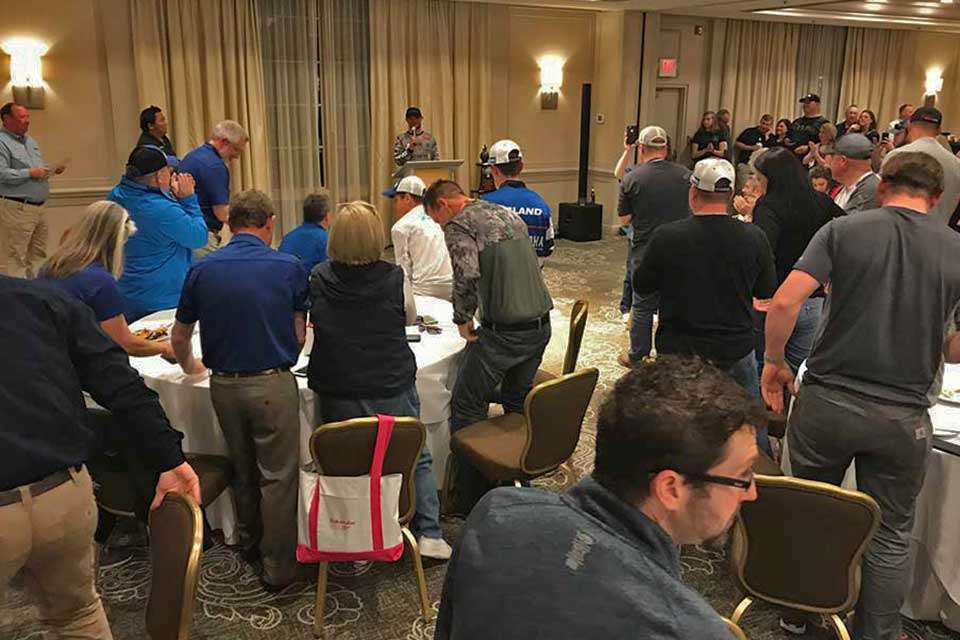 The last official B.A.S.S. event of the week was the Championâs Toast. Sponsors, media and other competitors and their families cheered on the repeat winner and listened to him thank all involved. His first comment was that he hopes all the Elite anglers wonât start hating him now. 