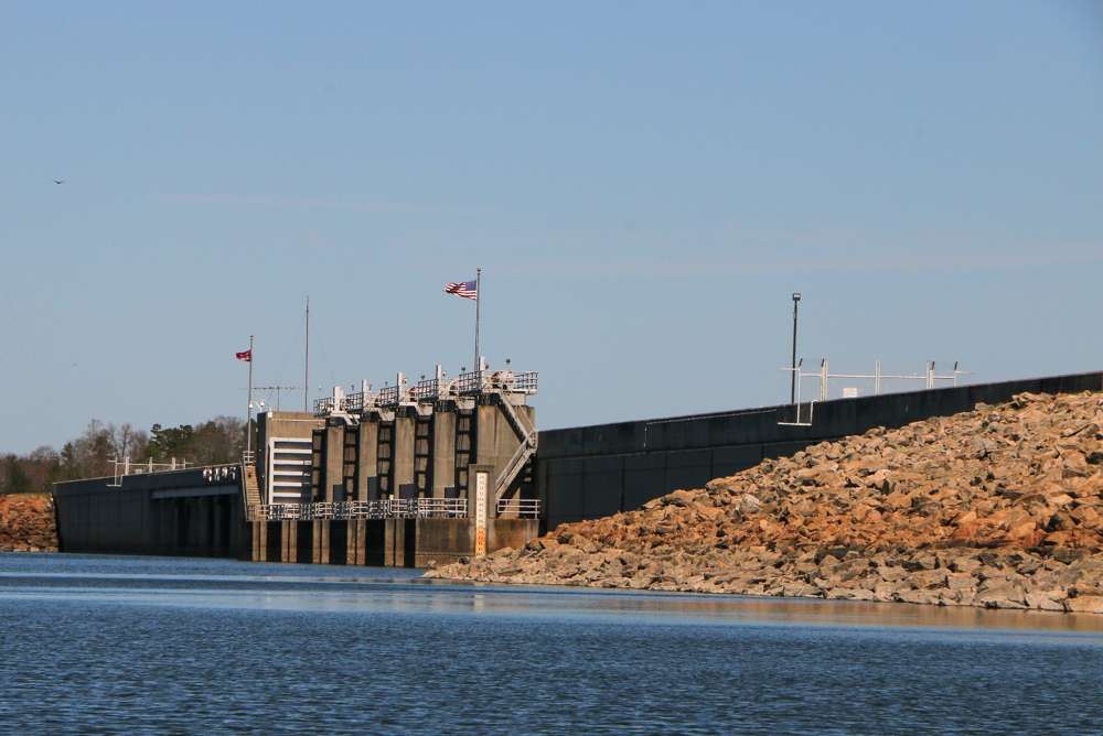 The Hartwell Dam impounds the Savannah River, at the South Carolina and Georgia border. 