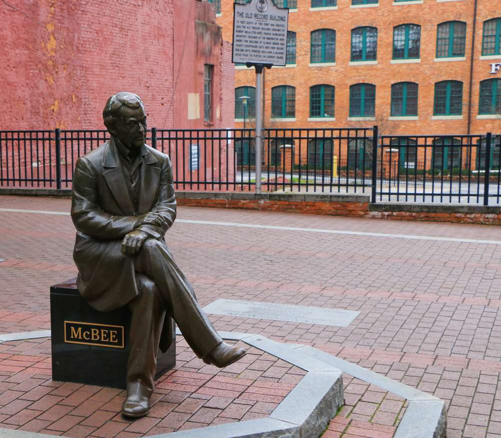 The father of Greenville, Vardry McBee, is one of a few statues perched in front of the Greenville Chamber of Commerce building. 