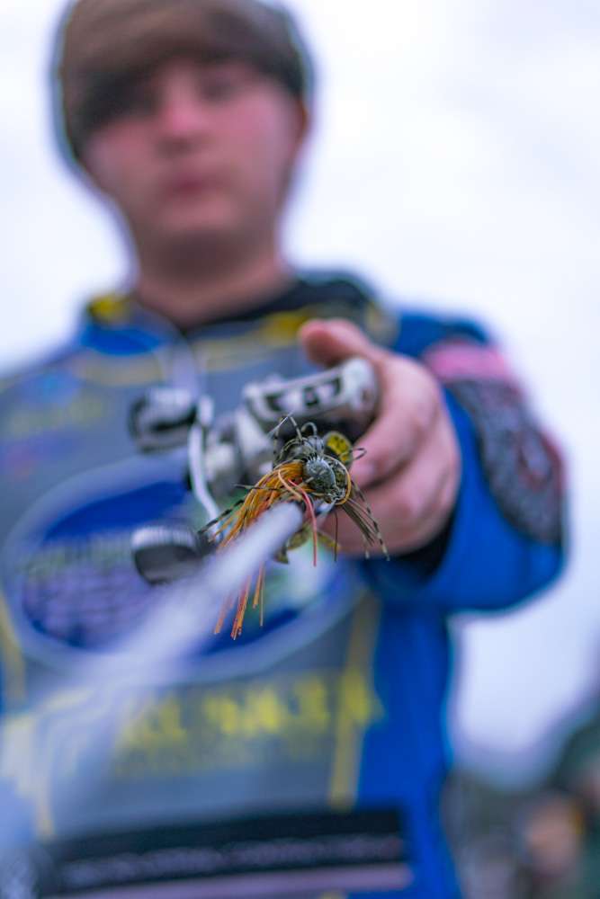 Gaven Brown shows one of many baits he may try today. 