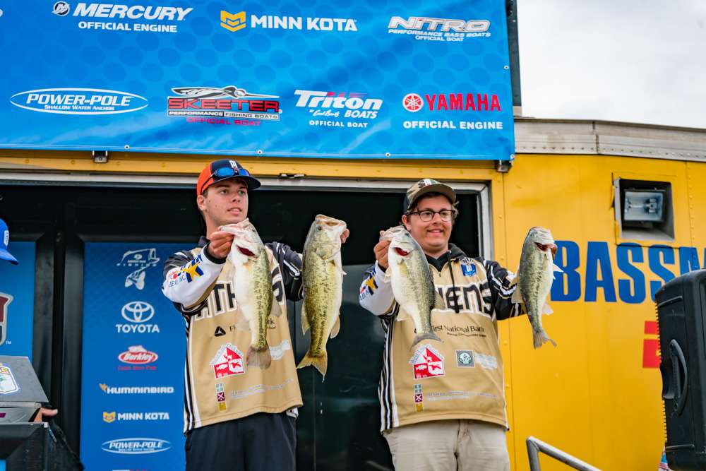 Shaw Sandy and Sam Bennett of Athens High School, Athens Ala hold up their bass, which earned them a 9th place finish. 