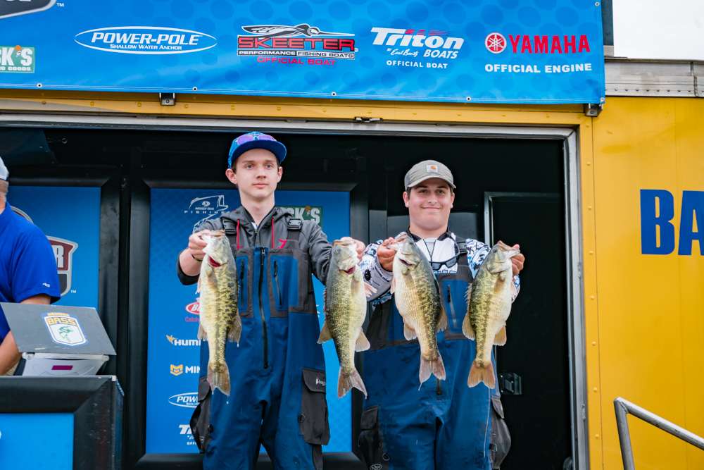 Kaleb Cook and Hudson Tinnell hold out their fish for a photo and a 4th place finish. (Helena High School, Helena Ala.) 