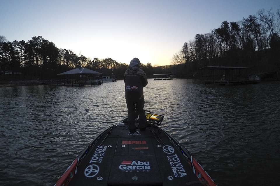 The morning seems to always be a crucial time for anglers so Iaconelli doesn't slow up and he gets fishing quickly on spot number one.