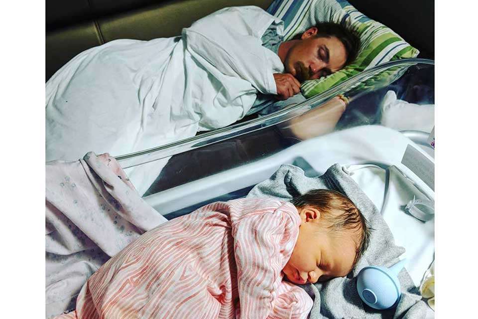 And we say good night by watching Seth Feider sleep near his newborn, Rose Anne Feider, who came into this world at 9:36 p.m. on April 9. The baby weighed 8.3 pounds -- a true lunker -- and was 21.5 inches long. Mom Dayton Feider posted this image, writing âI just canât handle how cute this is.â We concur.