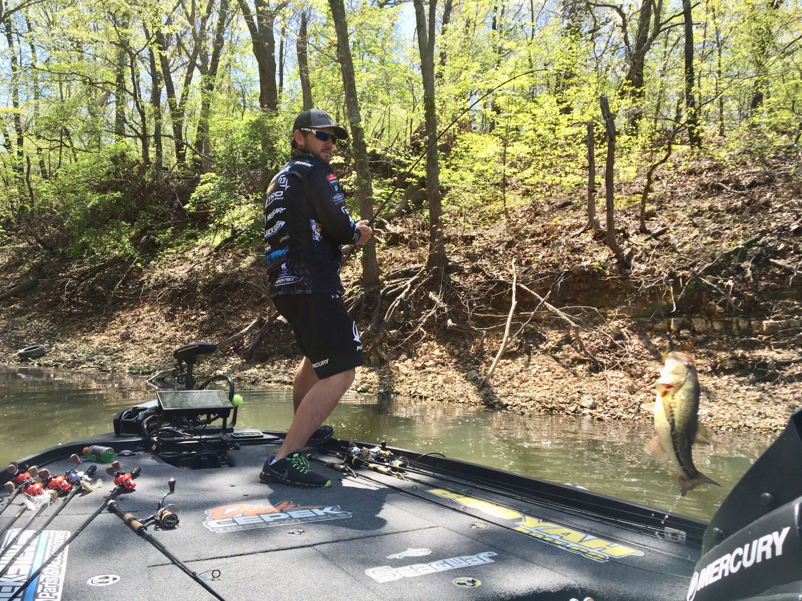 The sun is shining on Grand Lake and Stetson Blaylock. After boating one bed fish, he went straight to another fish he found on the second day of practice. He couldnât get her to bite yesterday, but within mere minutes of pulling up today sheâs in the box. Heâs on a roll right now. 