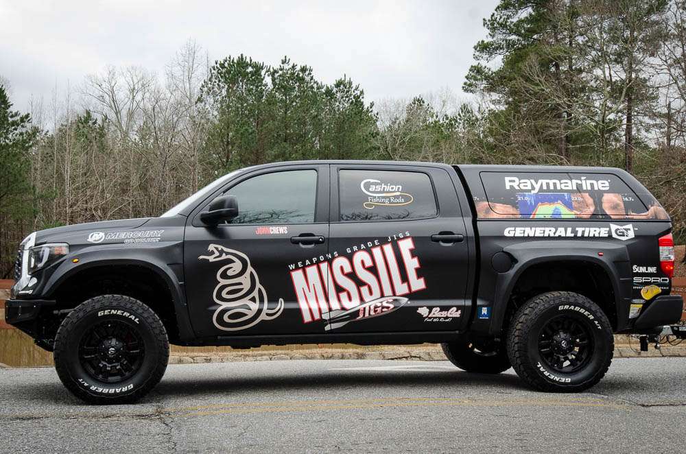 Not all the Elites had their trucks wrapped, but if they did we took a picture of them. Here's the trucks you'll see travel all over America in search of big bags of bass, starting with John Crews. 