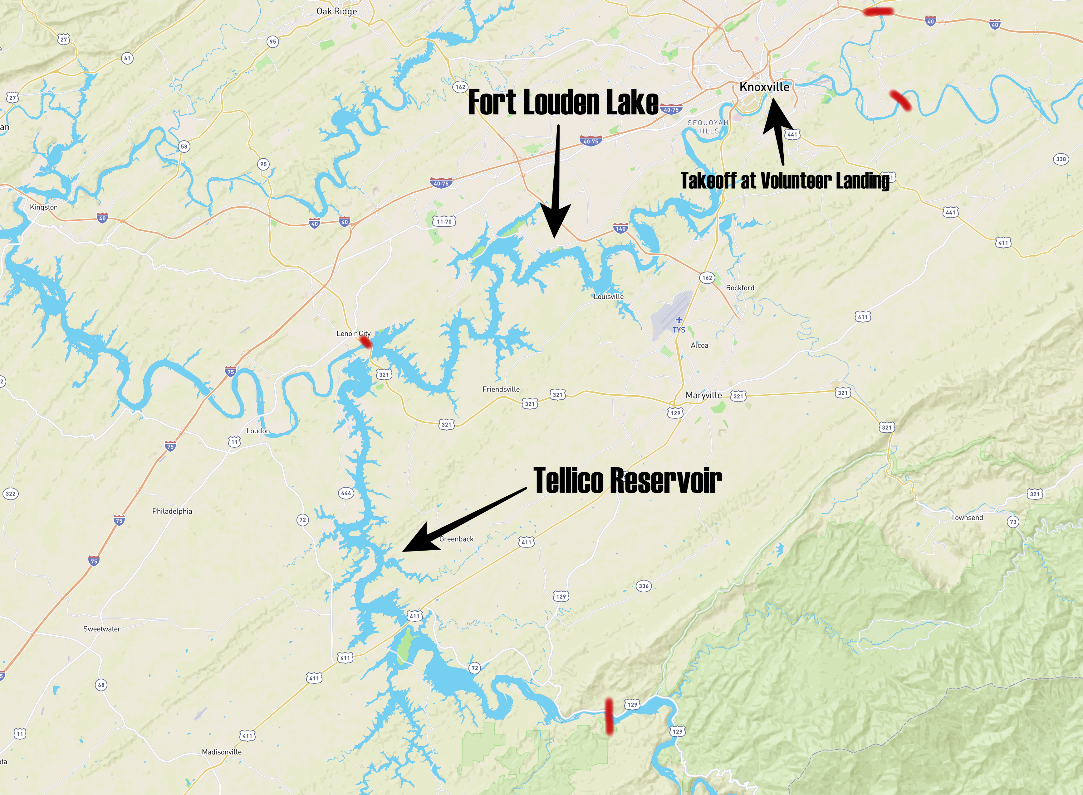 Tournament waters include Fort Loudoun and Tellico lakes, twin reservoirs connected by a canal and comprising about 30,000 acres. Competitors can fish either lake and anywhere along the Tennessee River upstream from Fort Loudoun Dam to the Interstate 40 bridge on the Holston River and the Highway 168 bridge on the French Broad River.