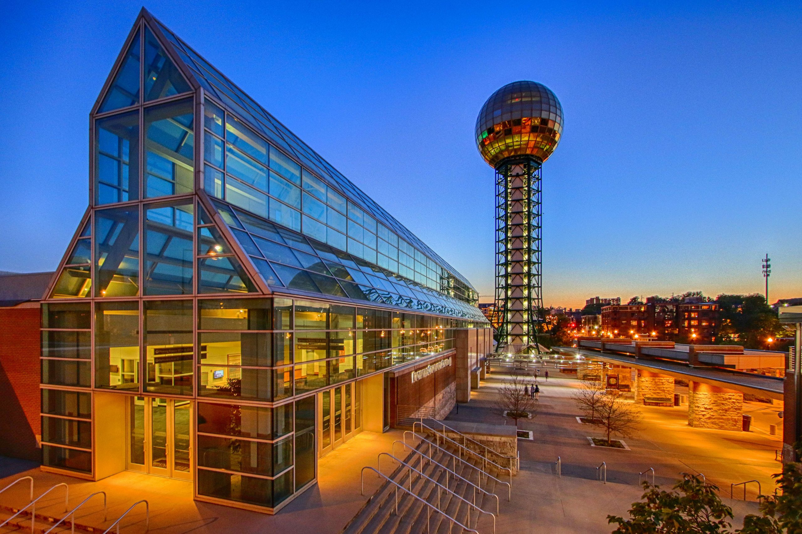 The Knoxville Convention Center includes a spectacular lobby. In the background is the Sunsphere, a landmark from from the 1982 World's Fair. 
