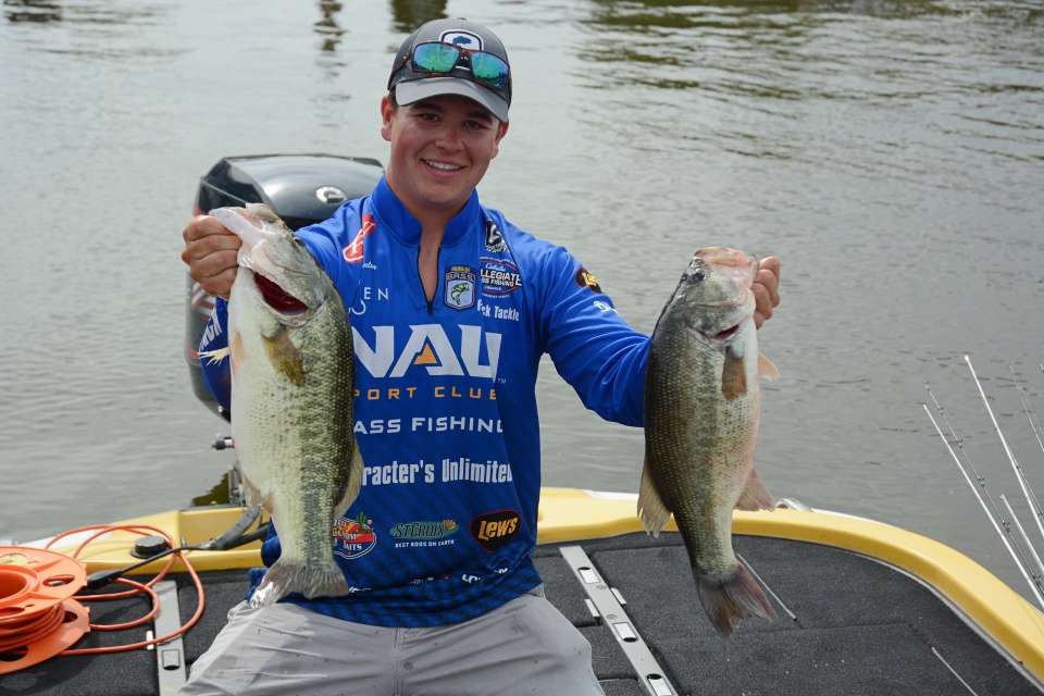 Stanton with two of the biggest bass in the bag. 
