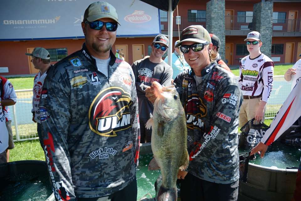 Tyler Craig and his partner Spencer Lambert pose with a beauty that would weigh 7 pounds, 10 ounces. The team is fishing for the University of Louisiana-Monroe, and the kicker largemouth helps put the team in second place with 20-5. 