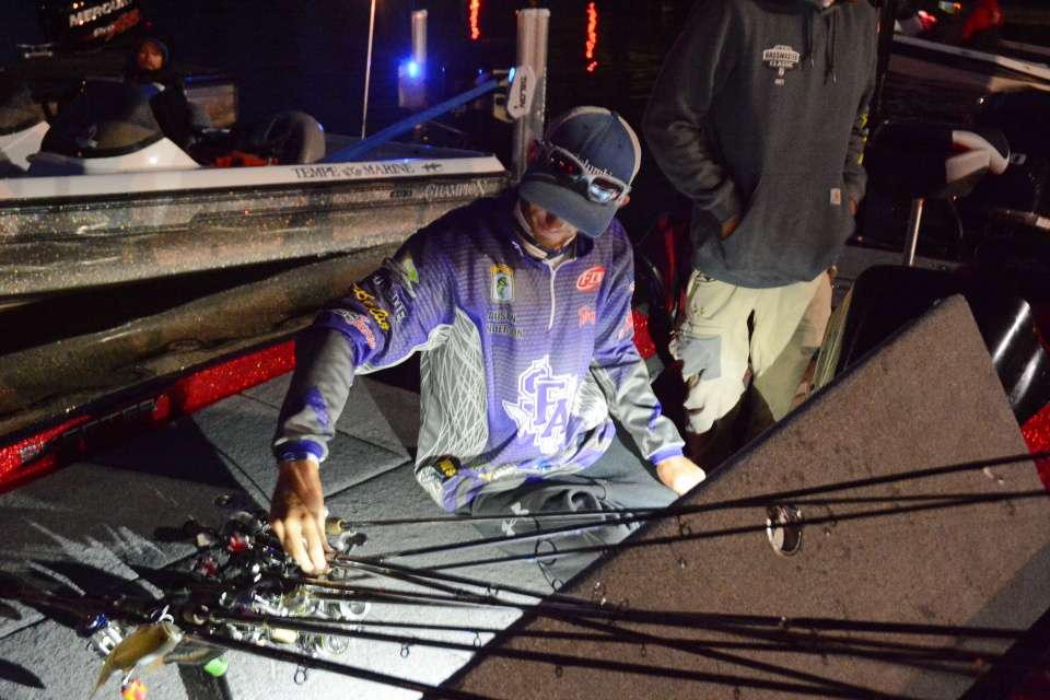Austin Anderson of Stephen F. Austin State University in Texas preps his rods. 