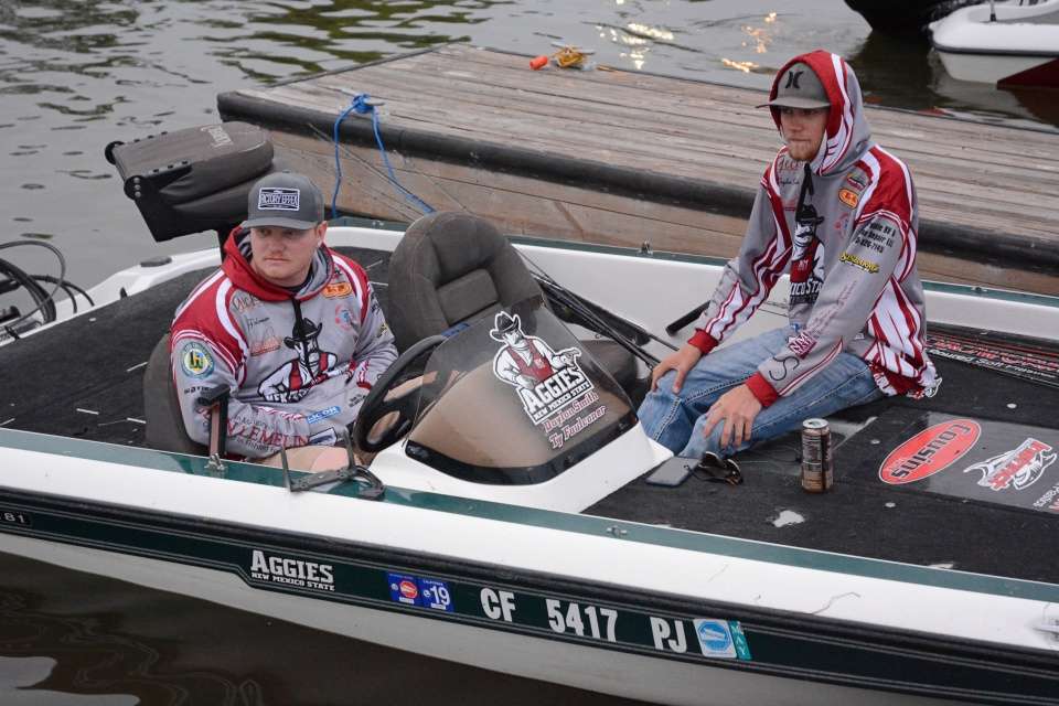 Daylon Smith and Ty Falconer await their turn to leave the dock. They are 16th with 12 pounds, 9 ounces, after Day 1. 
