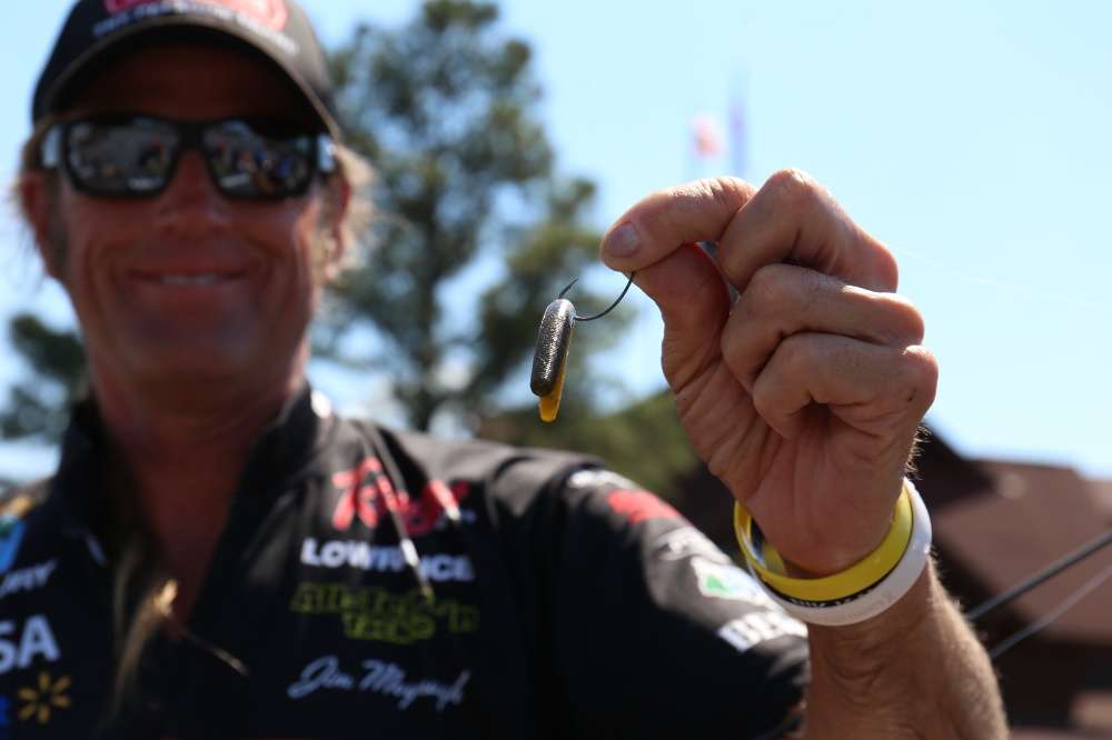 Moynagh was in third place after Day 1 with 14-9. It includes a 6-pound, 5-ounce bass that missed by an ounce of being the big bass of the tournament. Moynagh caught that spawner, which heâd found the day before in practice, on a 6-inch sour grape-colored lizard (not pictured).