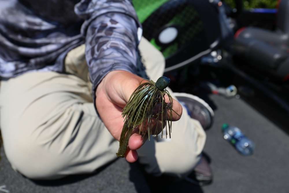 Montgomery used the same Strike Tour Grade Jig and Rage Bug trailer in green pumpkin in clearer water.